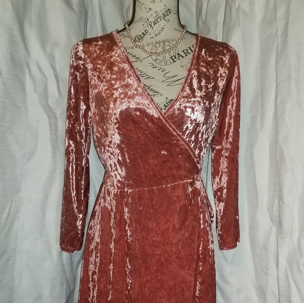 Velvet Slitted Sleeve High Low Wrap Dress